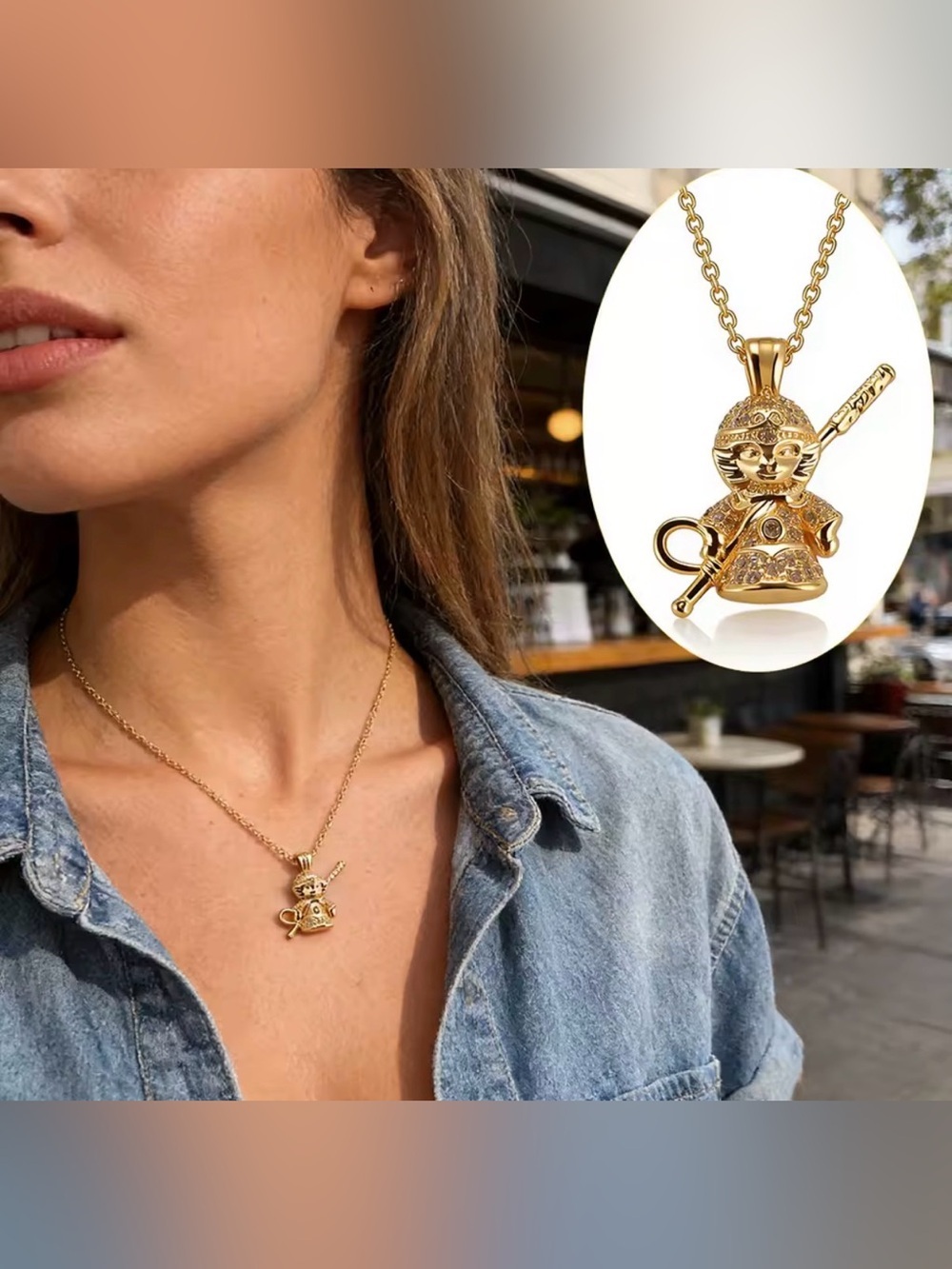 18K Gold Monkey King w/ Staff Micro Pave Diamond Inlay Necklace Mythology Legend